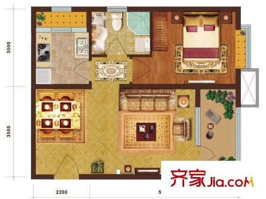 鸿坤・理想湾A户型 1室2厅1卫1厨