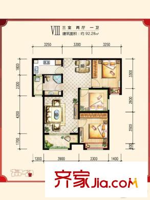 绿宸万华城五期E区VIII户型图 3室2厅1卫1厨