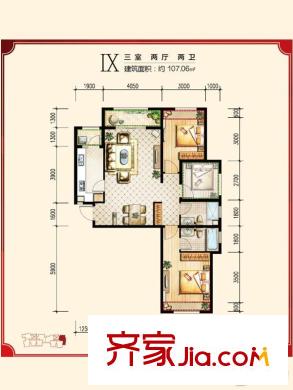 绿宸万华城五期E区IX户型图 3室2厅2卫1厨