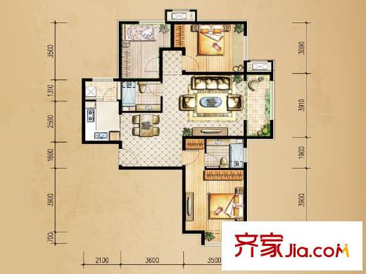 绿宸万华城Ⅵ户型图 2室2厅2卫1厨