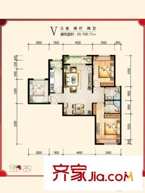 绿宸万华城五期E区V户型图 3室2厅2卫1厨