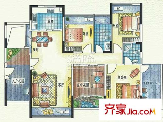 集信名城户型图19,20栋一单元b,二单元a户型偶数层 3室2厅2卫