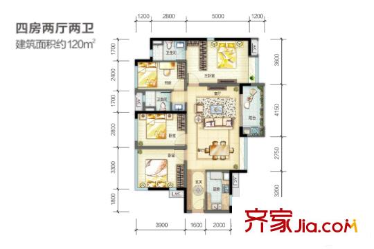 南部湾・万科城悦玺四房户型图 4室2厅2卫1厨