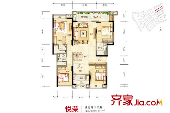 南部湾・万科城悦荣洋房户型图 4室2厅3卫1厨