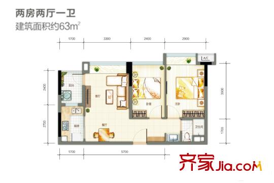南部湾・万科城悦然两房户型图 2室2厅1卫1厨