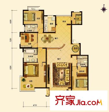 夏威夷水岸1号L户型 4室2厅3卫1厨