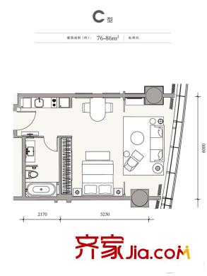 成都银泰中心1号楼C户型 1室1厅1卫1厨