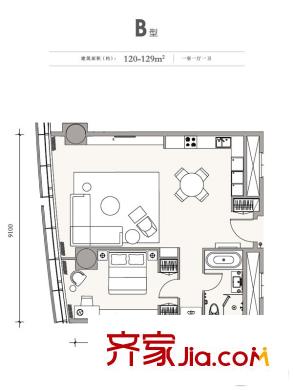 成都银泰中心1号楼B户型 1室1厅1卫