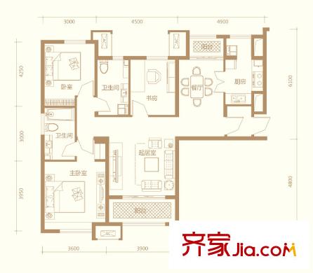 美克嘉美湾高层标准层C2户型 3室2厅2卫1厨