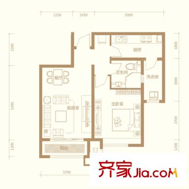 美克嘉美湾高层标准层A1户型 1室2厅1卫1厨