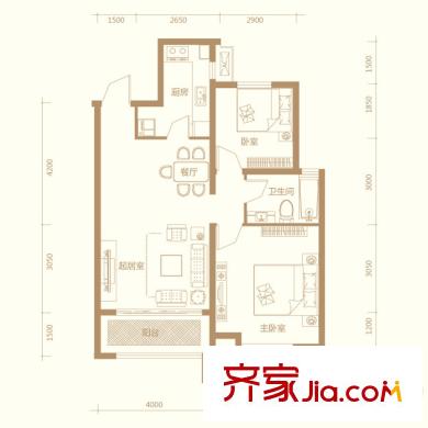 美克嘉美湾高层标准层B1户型 2室2厅1卫1厨