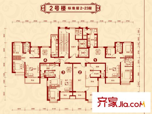 恒大名都2#平层户型图 3室2厅1卫1厨