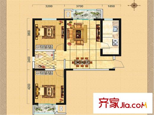 碧水蓝天二期9号楼B户型 2室2厅1卫1厨