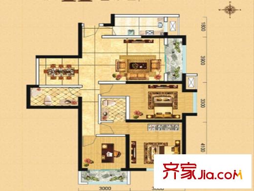 碧水蓝天二期3号楼h户型 2室2厅1卫1厨