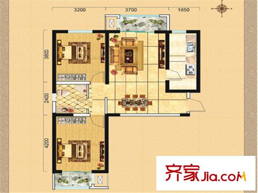 碧水蓝天二期9号楼A户型 3室2厅2卫1厨