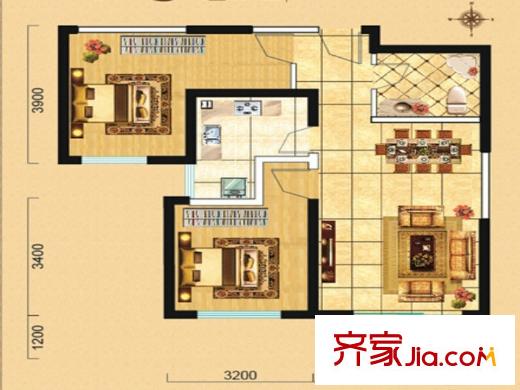 碧水蓝天二期3号楼c户型 2室2厅1卫1厨