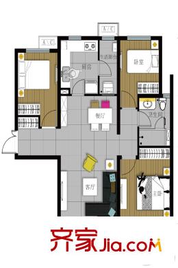 富力新城102平米三居户型图 3室2厅1卫1厨
