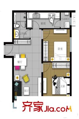 富力新城82平米两居户型图 2室2厅1卫1厨