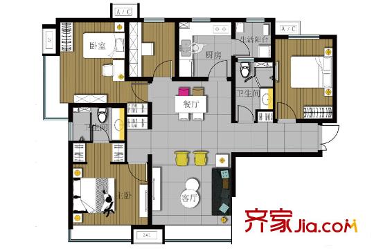富力新城133平米四居户型图 4室2厅2卫1厨