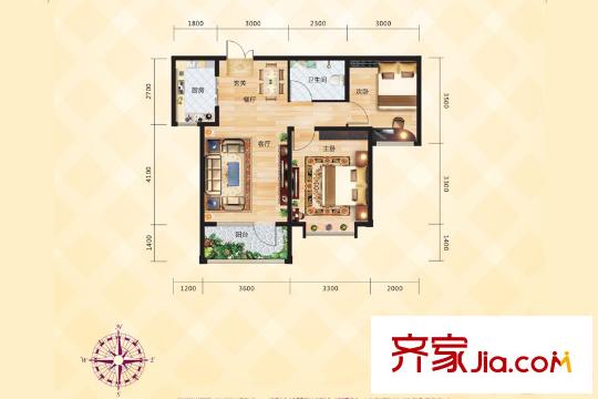 尚品国际J户型图 2室2厅1卫1厨