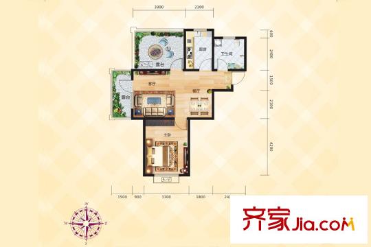 尚品国际F2户型图 1室2厅1卫1厨