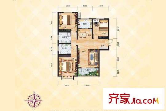 尚品国际I户型图 3室2厅2卫1厨