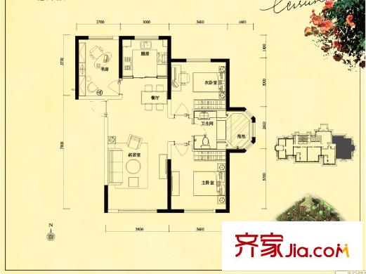 金泰丽舍6-9号楼高层标准层A户型 3室2厅1卫1厨