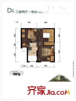 金泰丽舍高层跃层D户型上层 3室2厅2卫1厨