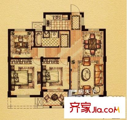 东方苑 3室2厅2卫1厨 户型图