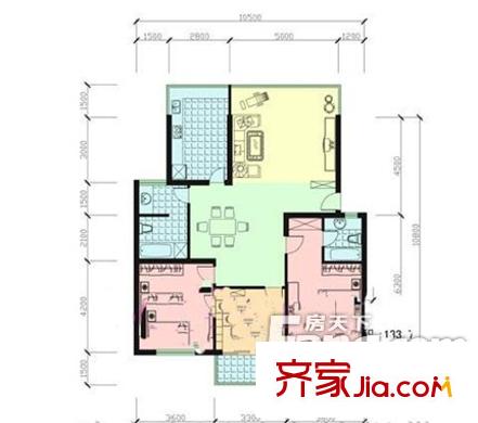 东方苑 3室2厅2卫1厨 户型图