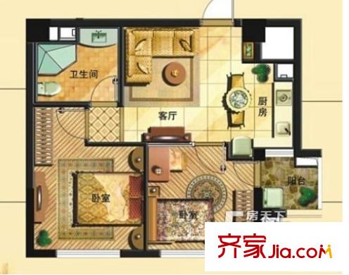 大公馆户型图两室一厅 2室1厅1卫1厨