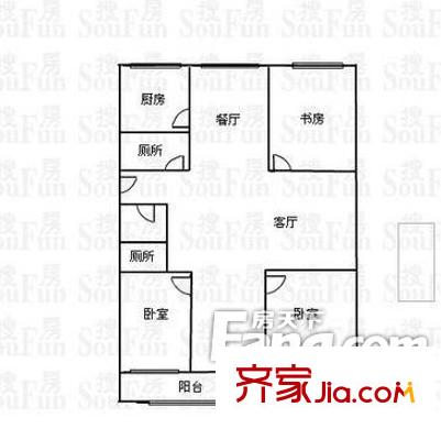 新居时代户型图三室两卫两厅 3室2厅2卫1厨