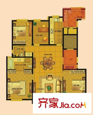 风格平方米院高层标准层M户型 4室2厅2卫1厨