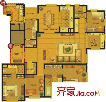 风格平方米院高层标准层N户型 5室2厅2卫1厨