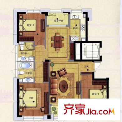 荣安心居户型图B户型 3室2厅2卫1厨