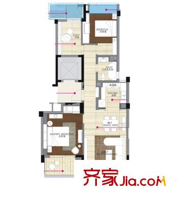 罗蒙环球城住宅A3户型 3室2厅1卫1厨