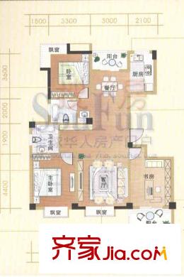天赐佳园户型图L型 3室2厅2卫1厨