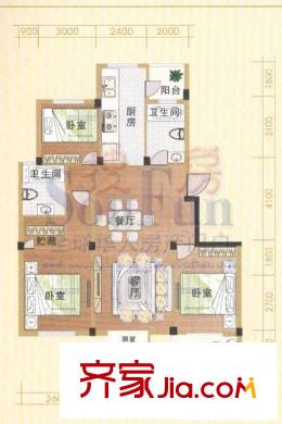 天赐佳园户型图B型 3室2厅2卫1厨