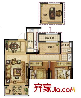 新外滩1号F户型 3室2厅1卫1厨