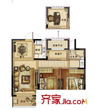 新外滩1号F1户型 3室2厅1卫1厨