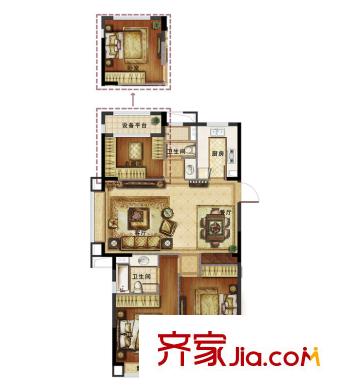 新外滩1号B户型 3室2厅2卫1厨