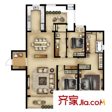万科金域华府 3室2厅2卫1厨 户型图