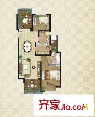 金地国际公馆 2室2厅2卫1厨 户型图