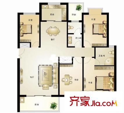 外滩花园户型图四室两厅两阳 4室2厅1卫1厨
