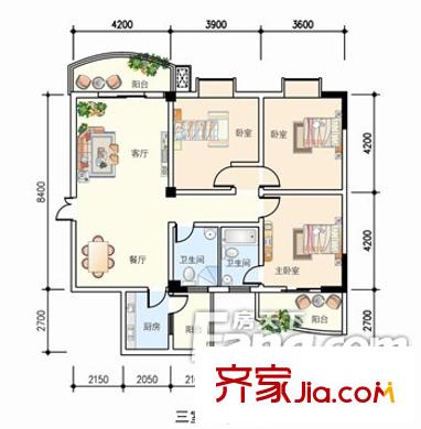 华侨城户型图三室两厅两卫三阳 3室2厅2卫1厨