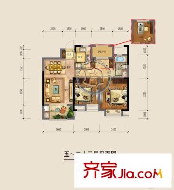 景瑞红翎台A户型 3室2厅1卫1厨