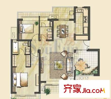 万科金色水岸三期 2室2厅1卫1厨 户型图