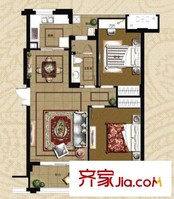 荣安琴湾户型图二期1#A户型 2室2厅1卫1厨