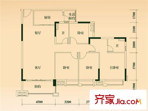 清远保利花园一期2号楼02单元户型 4室2厅2卫1厨