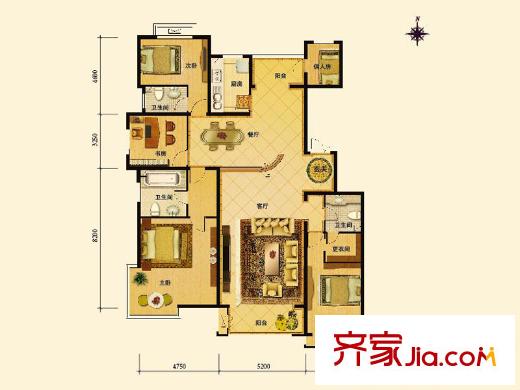 夏威夷水岸1号L户型户型图 4室2厅3卫1厨